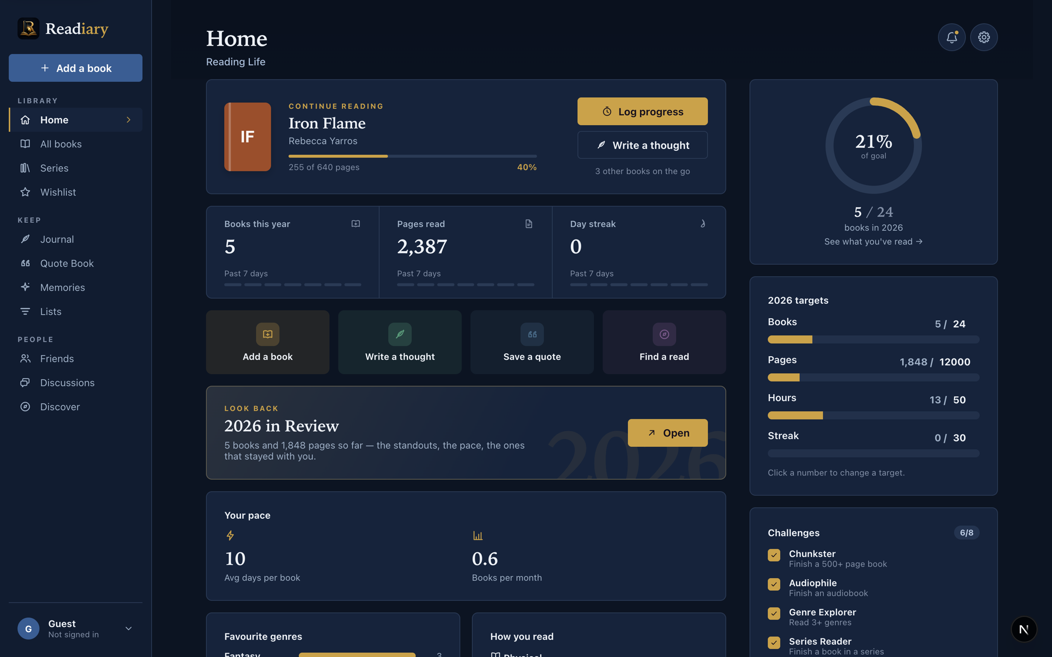 The Readiary home screen, showing books in progress and reading stats.